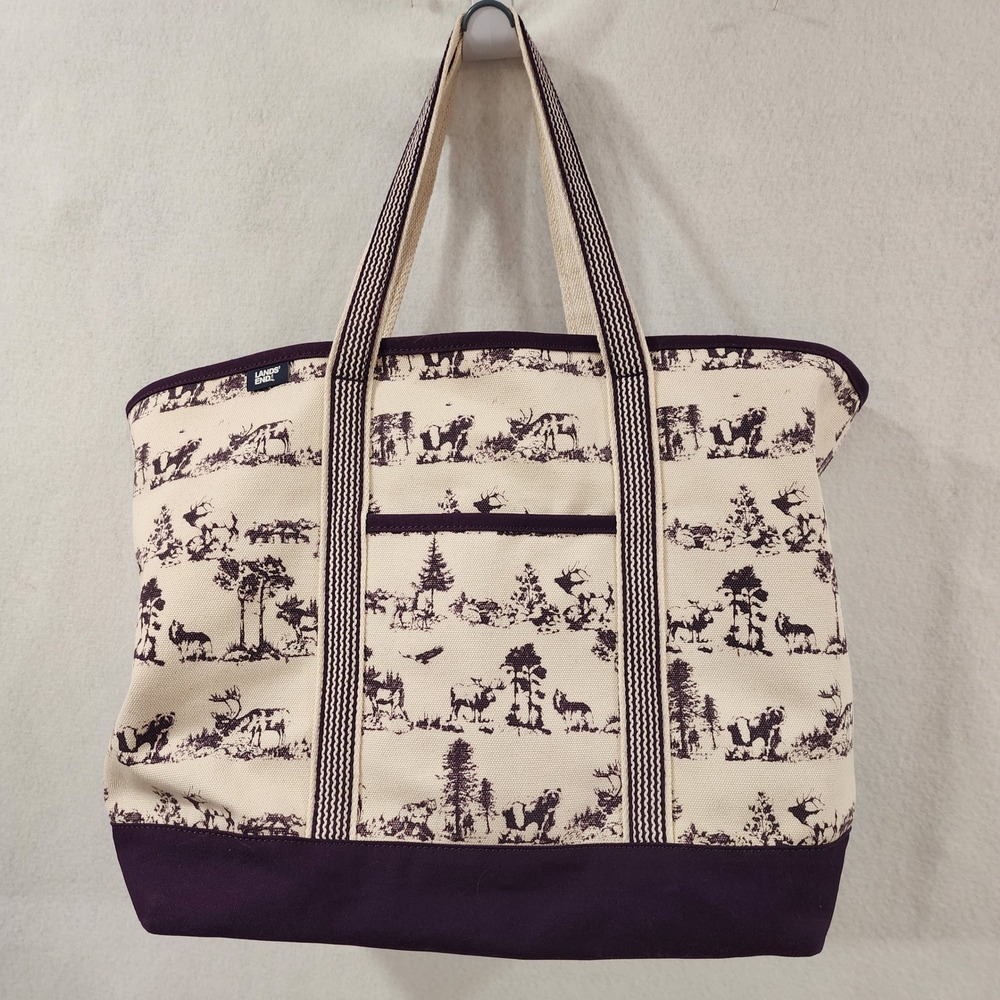 Lands End XL Canvas Tote Bag 24×17x10 Wildlife Toile Print Plum Cream